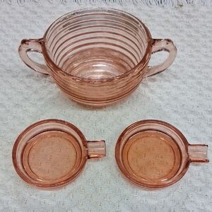 Vtg. pink depression glass sugar bowl, & 2 ash trays/spoon rests Replacement Pcs